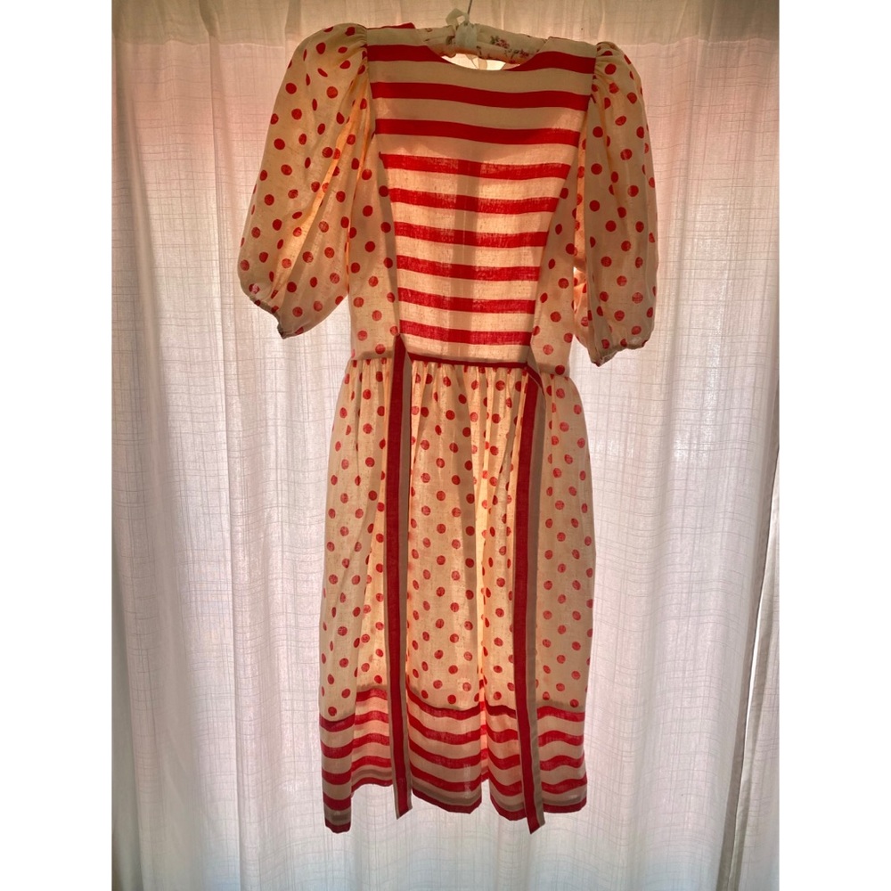 1970s vintage polka dot stripe dress red / creme